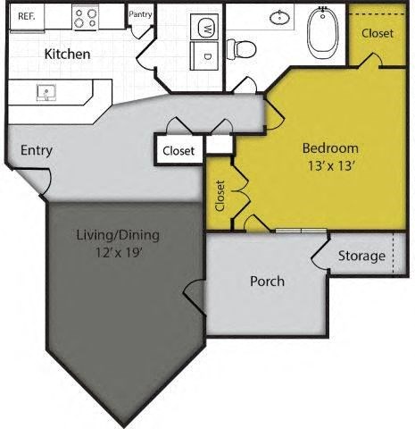 a rendering of a floor plan of a 1-bedroom apartment home at the eclipse apartments duluth ga